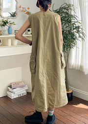 New Khaki O Neck Pockets Cotton Long Dress Sleeveless