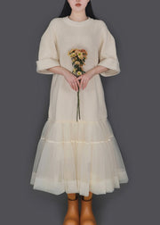 New Khaki O Neck Tulle Patchwork Knitted Cotton Dress Half Sleeve