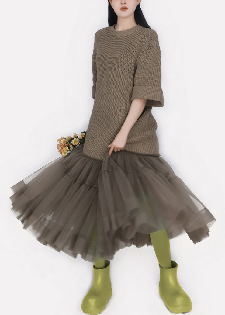 New Khaki O Neck Tulle Patchwork Knitted Cotton Dress Half Sleeve