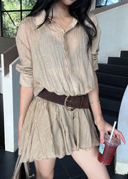 New Khaki Peter Pan Collar Button Cotton Mini Dresses Summer