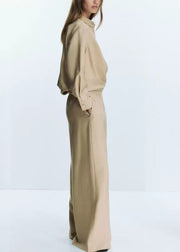 New Khaki Peter Pan Collar Tops And Pants Cotton Two Pieces Set Fall
