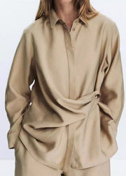 New Khaki Peter Pan Collar Tops And Pants Cotton Two Pieces Set Fall