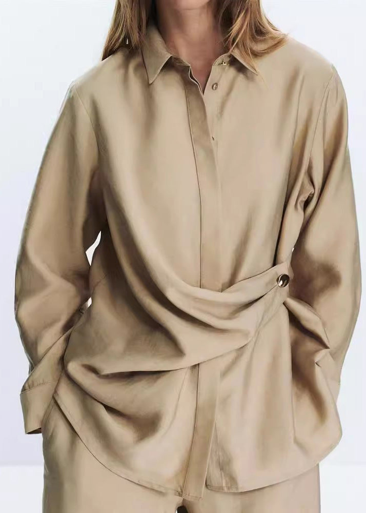 New Khaki Peter Pan Collar Tops And Pants Cotton Two Pieces Set Fall