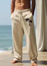 New Khaki Print Elastic Waist Linen Mens Pants Summer