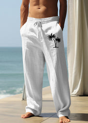 New Khaki Print Elastic Waist Linen Mens Pants Summer