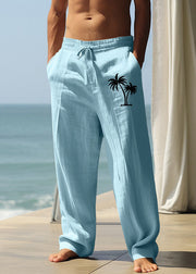 New Khaki Print Elastic Waist Linen Mens Pants Summer