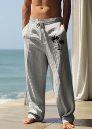 New Khaki Print Elastic Waist Linen Mens Pants Summer