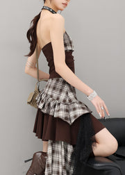 New Khaki Ruffled Lace Patchwork Cotton Strapless Dresses Sleeveless