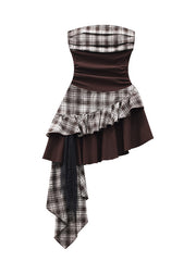 New Khaki Ruffled Lace Patchwork Cotton Strapless Dresses Sleeveless