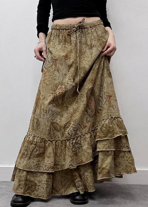 New Khaki Ruffled Print Elastic Waist Cotton Maxi Skirts Summer