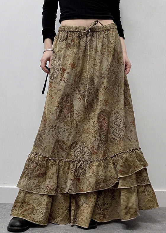 New Khaki Ruffled Print Elastic Waist Cotton Maxi Skirts Summer