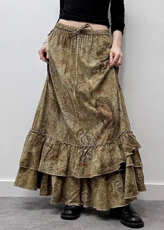 New Khaki Ruffled Print Elastic Waist Cotton Maxi Skirts Summer