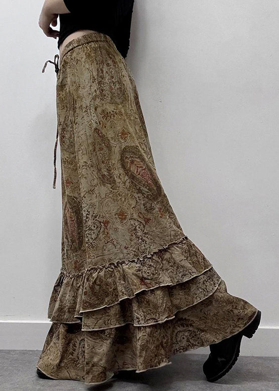 New Khaki Ruffled Print Elastic Waist Cotton Maxi Skirts Summer