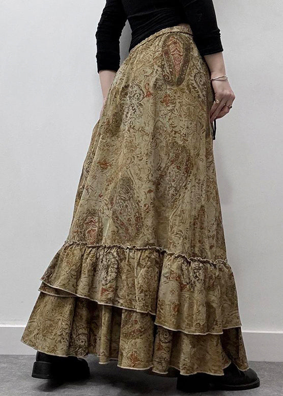 New Khaki Ruffled Print Elastic Waist Cotton Maxi Skirts Summer