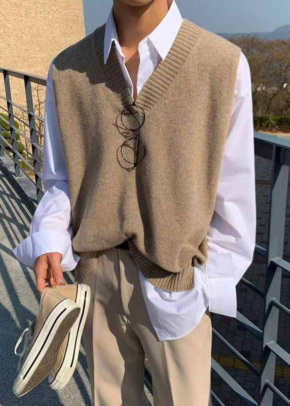 New Khaki V Neck Solid Cozy Knit Men Waistcoat Sleeveless
