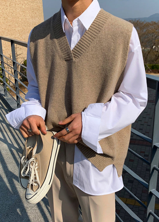 New Khaki V Neck Solid Cozy Knit Men Waistcoat Sleeveless