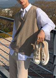 New Khaki V Neck Solid Cozy Knit Men Waistcoat Sleeveless