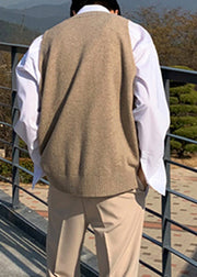 New Khaki V Neck Solid Cozy Knit Men Waistcoat Sleeveless