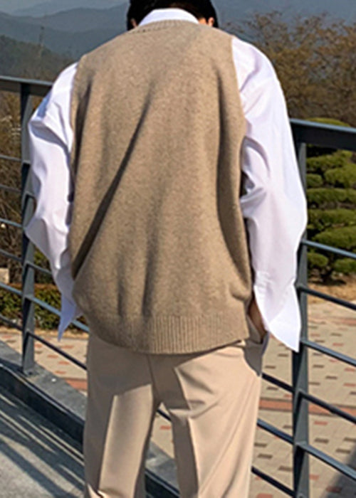 New Khaki V Neck Solid Cozy Knit Men Waistcoat Sleeveless