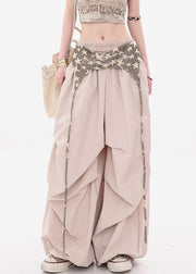 New Khaki Wrinkled Elastic Waist Patchwork Cotton Wide Leg Pants Fall