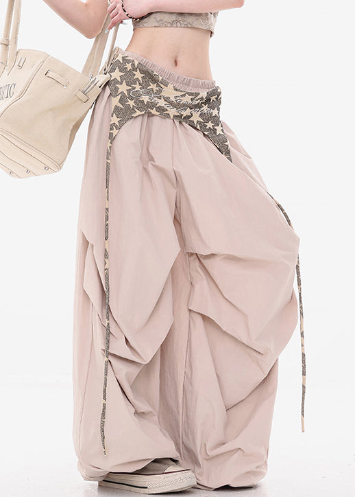 New Khaki Wrinkled Elastic Waist Patchwork Cotton Wide Leg Pants Fall