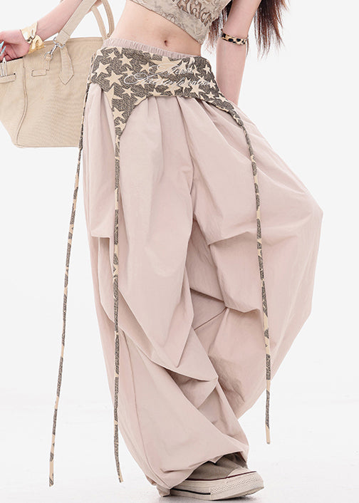 New Khaki Wrinkled Elastic Waist Patchwork Cotton Wide Leg Pants Fall