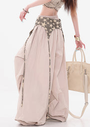 New Khaki Wrinkled Elastic Waist Patchwork Cotton Wide Leg Pants Fall