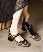 New Leopard Suede Bow Splicing Chunky Heel Buckle Strap