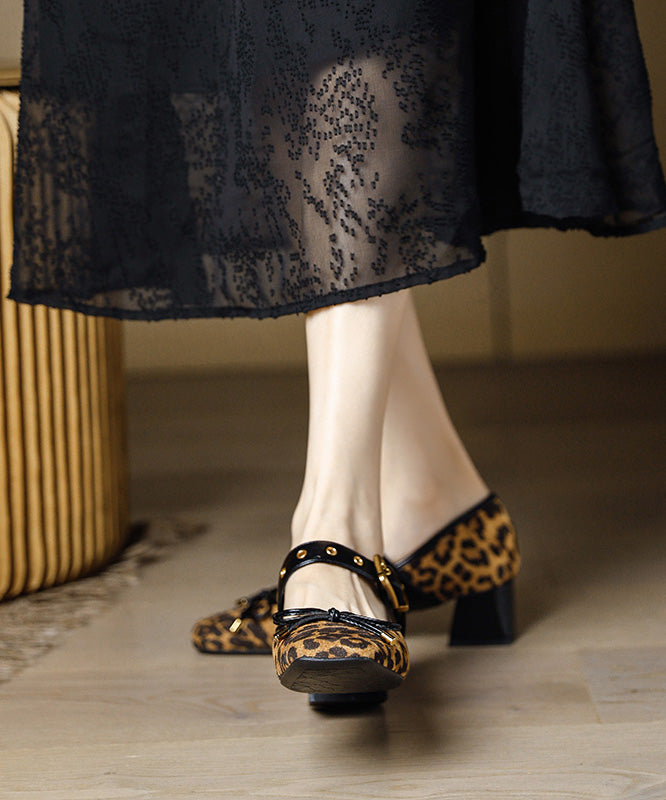 New Leopard Suede Bow Splicing Chunky Heel Buckle Strap