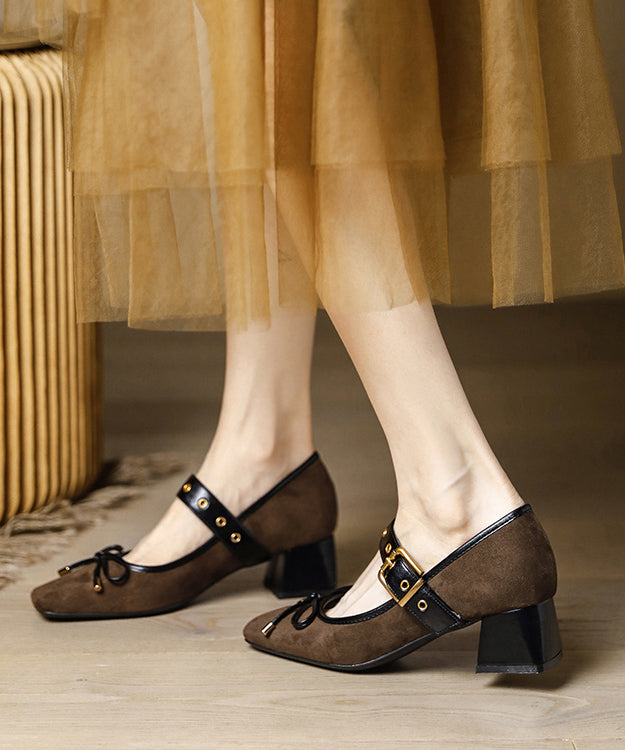 New Leopard Suede Bow Splicing Chunky Heel Buckle Strap