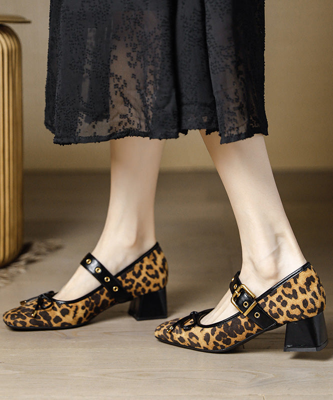 New Leopard Suede Bow Splicing Chunky Heel Buckle Strap