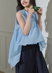 New Light Blue Asymmetrical Solid Cotton Top Sleeveless