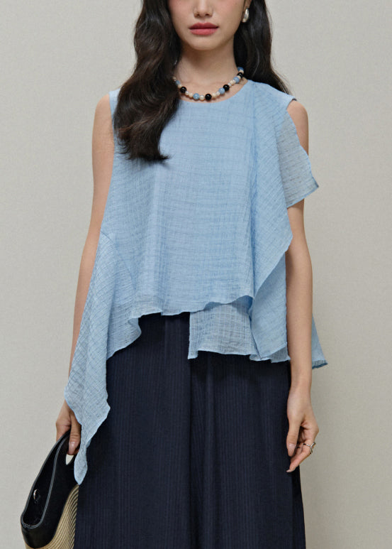 New Light Blue Asymmetrical Solid Cotton Top Sleeveless