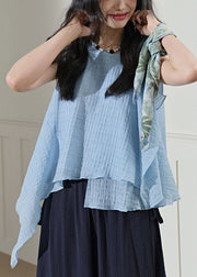 New Light Blue Asymmetrical Solid Cotton Top Sleeveless