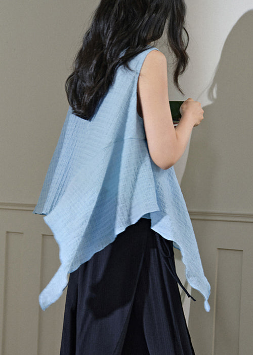 New Light Blue Asymmetrical Solid Cotton Top Sleeveless