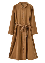 New Light Camel Button Tie Waist Patchwork Corduroy Shirts Dress Fall