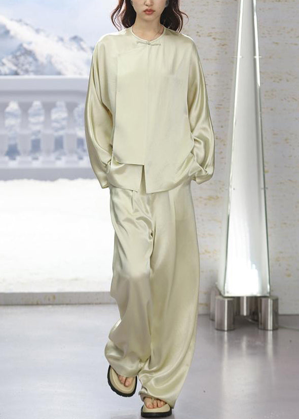New Light Green O-Neck Button Silk Pajamas Two-Piece Set Long Sleeve