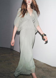 New Light Green V Neck Wrinkled Patchwork Chiffon Dresses Batwing Sleeve