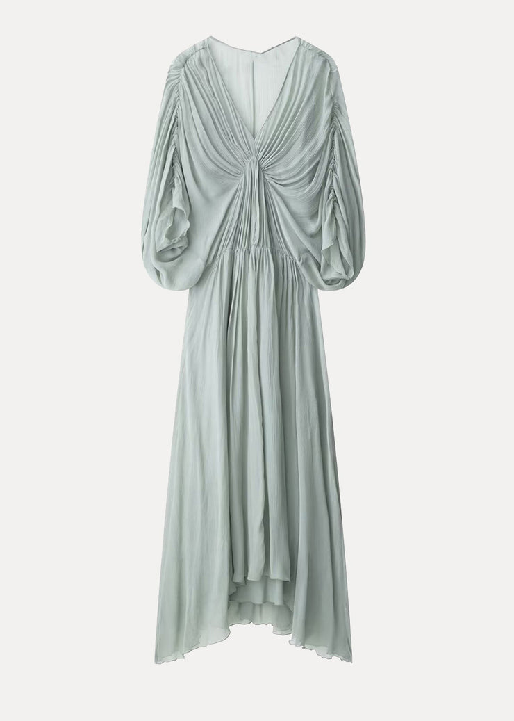 New Light Green V Neck Wrinkled Patchwork Chiffon Dresses Batwing Sleeve