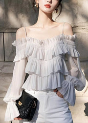 New Light Grey Ruffled Solid Chiffon Blouses Butterfly Sleeve
