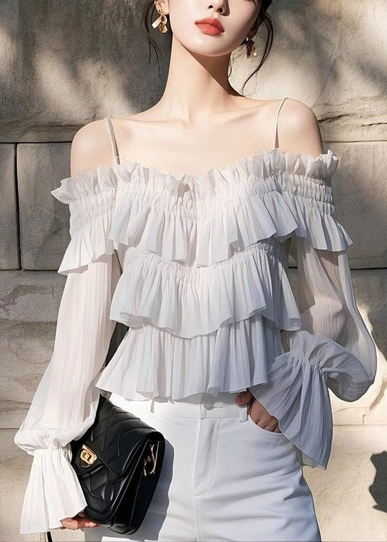 New Light Grey Ruffled Solid Chiffon Blouses Butterfly Sleeve