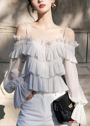 New Light Grey Ruffled Solid Chiffon Blouses Butterfly Sleeve