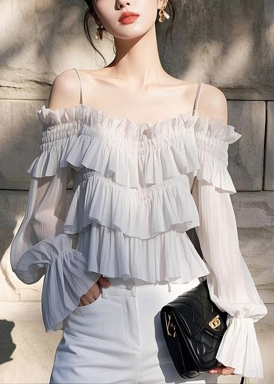 New Light Grey Ruffled Solid Chiffon Blouses Butterfly Sleeve