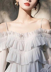 New Light Grey Ruffled Solid Chiffon Blouses Butterfly Sleeve