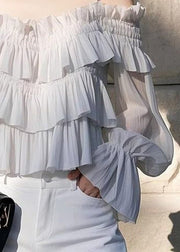 New Light Grey Ruffled Solid Chiffon Blouses Butterfly Sleeve