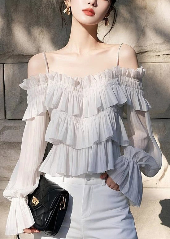New Light Grey Ruffled Solid Chiffon Blouses Butterfly Sleeve