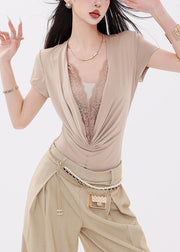 New Light Khaki Wrinkled Lace Cotton T Shirt Bodysuit Tops