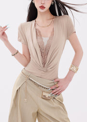 New Light Khaki Wrinkled Lace Cotton T Shirt Bodysuit Tops