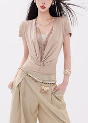 New Light Khaki Wrinkled Lace Cotton T Shirt Bodysuit Tops