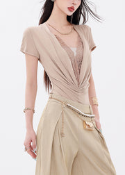 New Light Khaki Wrinkled Lace Cotton T Shirt Bodysuit Tops